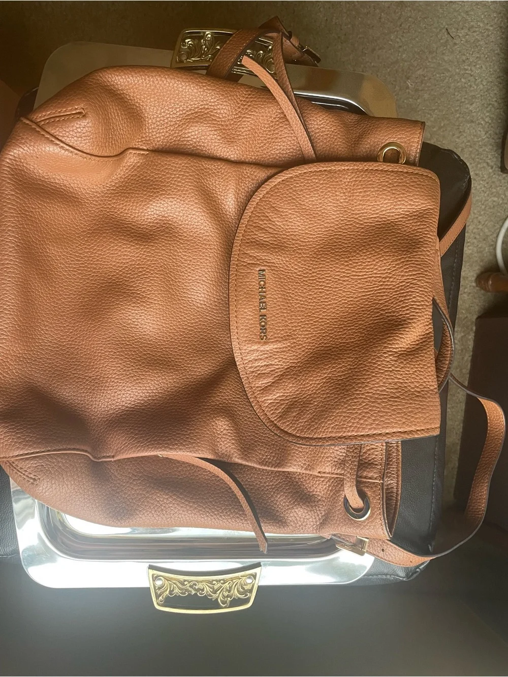 Michael Kors Brown Pebbled Leather Drawstring Backpack with Signature Wallet